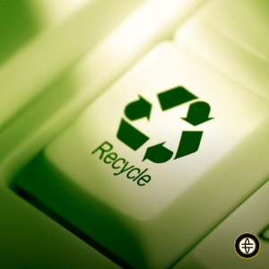 Computer keyboard showing the recycling symbol to demonstrate recycling of e-waste