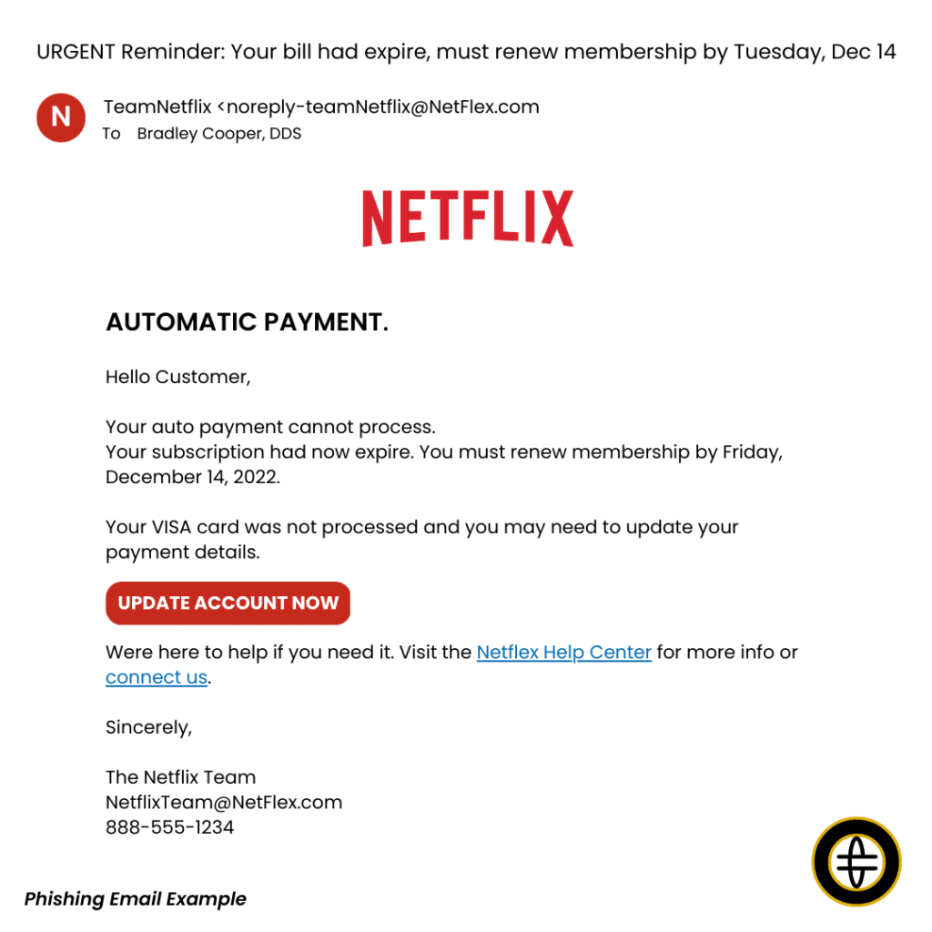 Example of phishing email from cybercriminal pretending to be Netflix phishing for payment information from dental office.