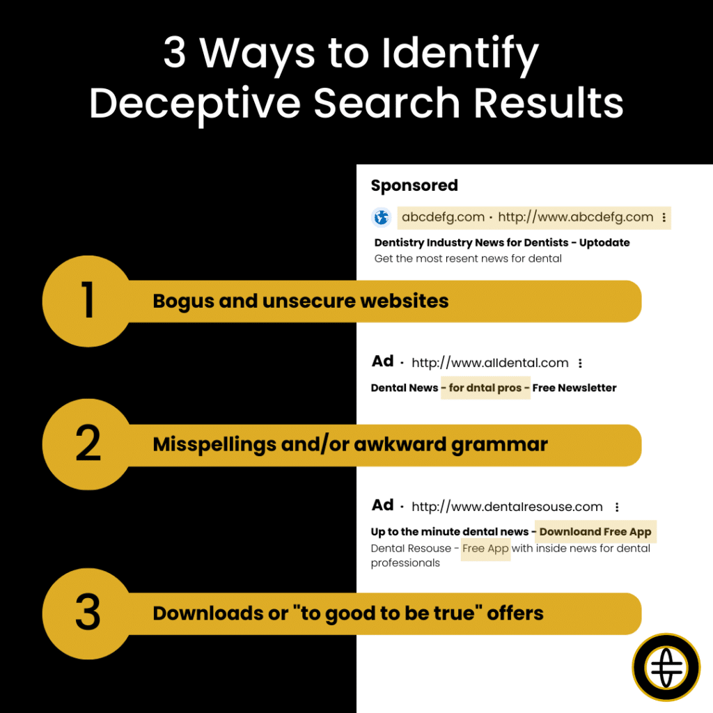 Infographic outlining the three ways to identify deceptive search results including bogus and unsecure websites; misspellings and/or awkward grammar; and downloads or "to good to be true" offers.