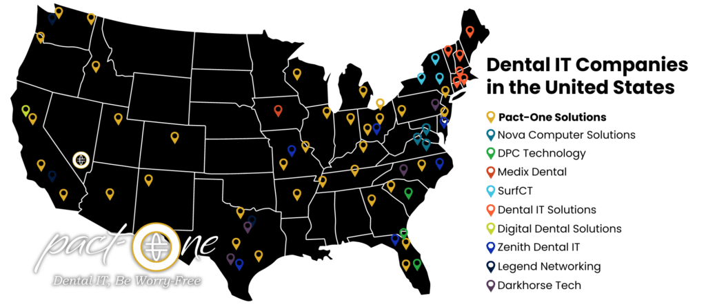 Infographic with a map of the United States with location icons to display various dental IT companies (Pact-One Solutions, Nova Computer Solutions, DPC Technology, Medix Dental, SurfCT, Dental IT Solutions, Digital Dental Solutions, Zenith Dental IT, Legend Networking, Darkhorse Tech) throughout the U.S. Key included.