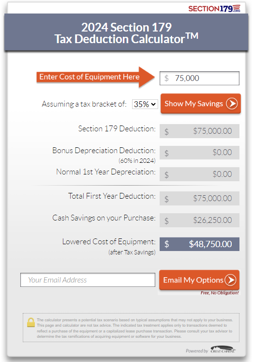 Screenshot of Section179.org Section 179 Tax Deduction Calculator showing savings.