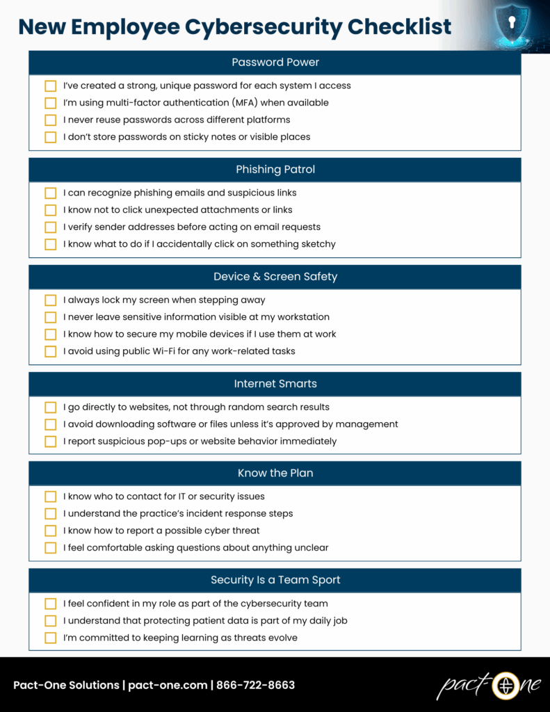 Infographic of new employee cybersecurity checklist for dental practices to use for new dental staff members