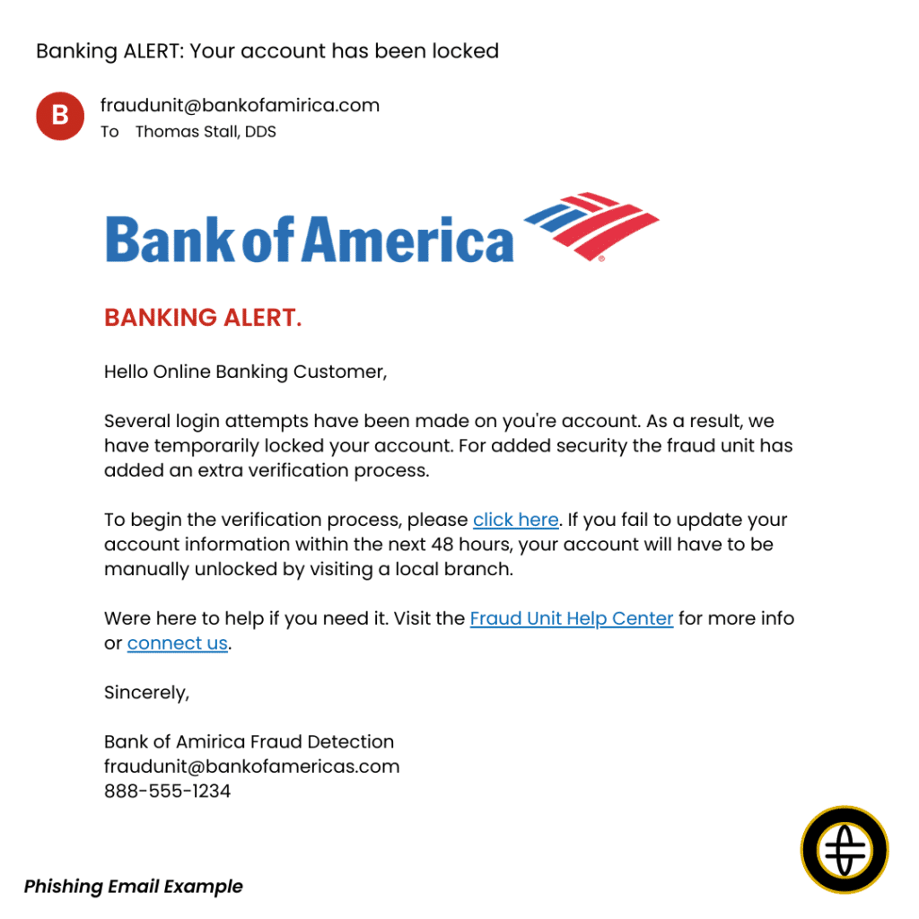 Example of phishing email from threat actor pretending to be Bank of America phishing for verification information from dental office.