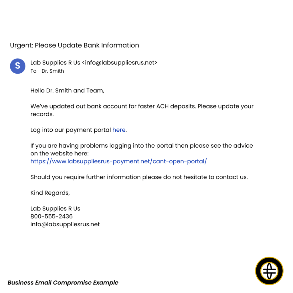 Example of a business email compromise for dental offices.