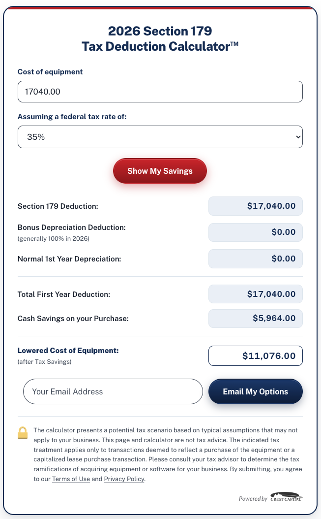 Screenshot of Section 179 Calculator results showing an example of equipment savings for a dental practice technology refresh