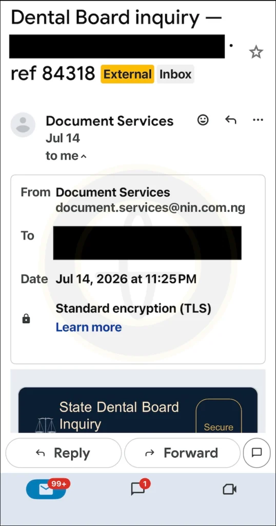Example of phishing email sent to dental office identified as a fake state dental board inquiry email
